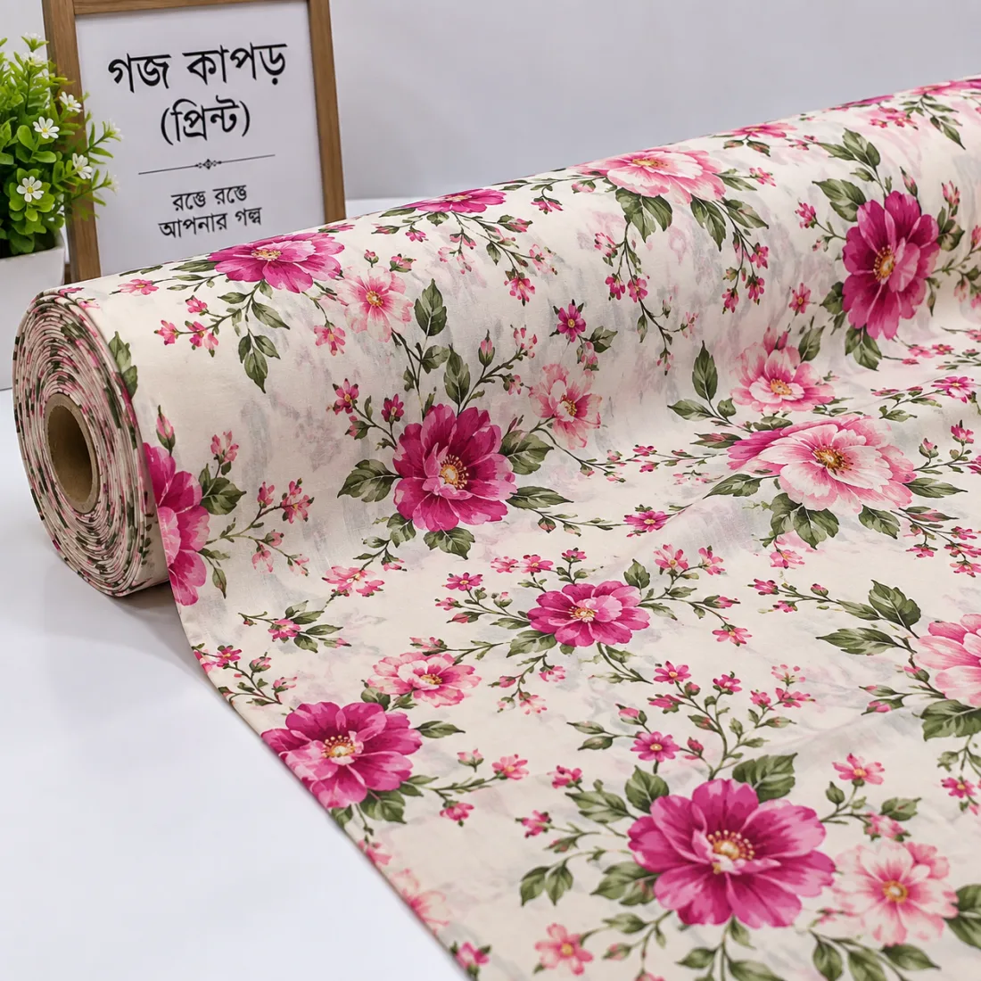 পিংক রোজ গার্ডেন প্রিন্ট গজ কাপড়