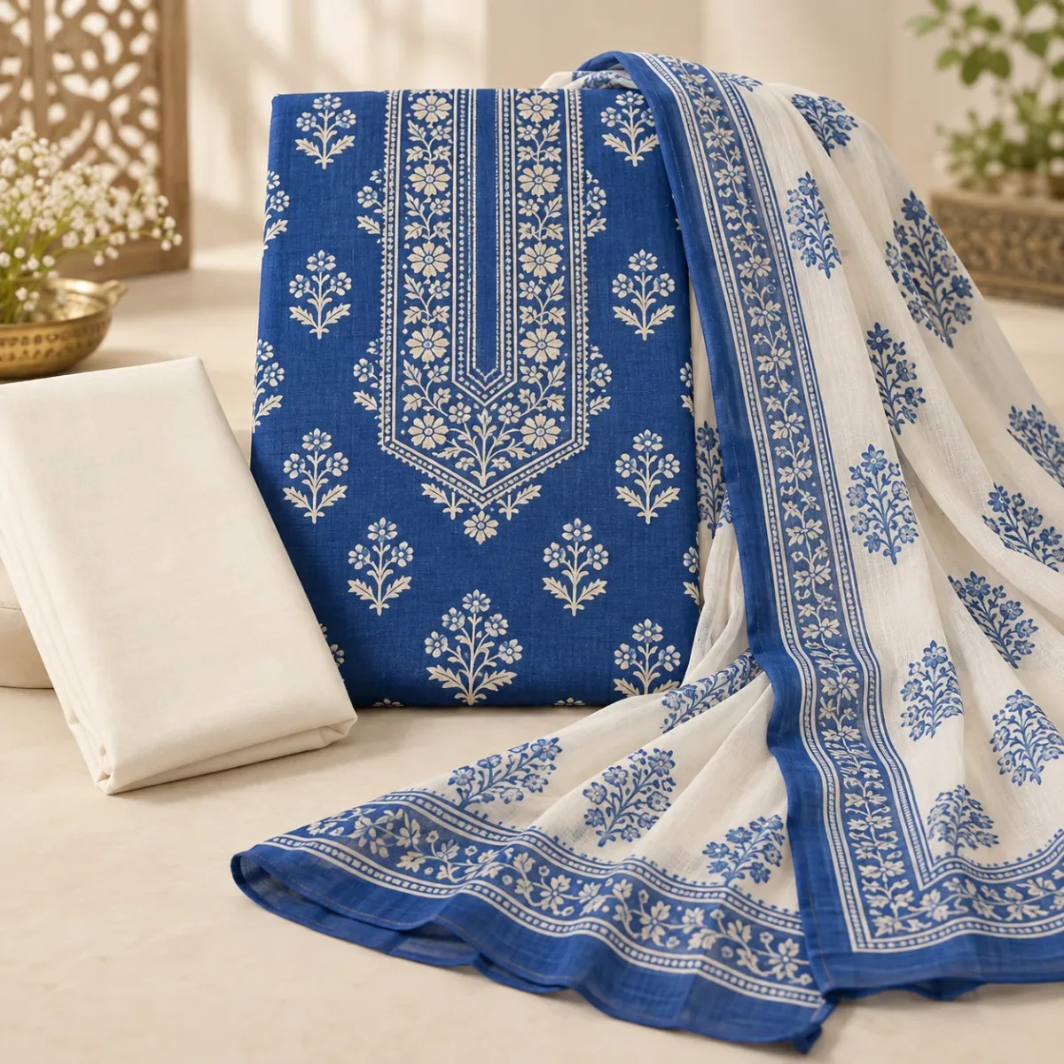 রয়্যাল ব্লু ব্লক প্রিন্ট থ্রী পিস